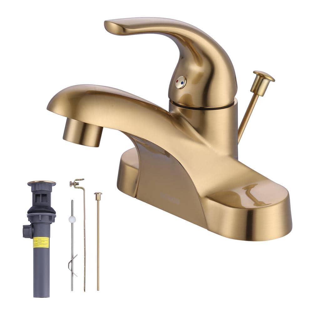 ARCORA 4 in. Centerset Single Handle Low Arc Bathroom Faucet with Popup Drain Included in Brushed Gold
