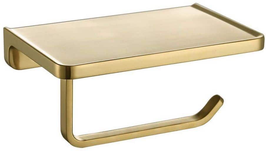 Dracelo Wall Mounted Bathroom Solid Metal Toilet Paper Holder with Phone Shelf in Brushed Gold