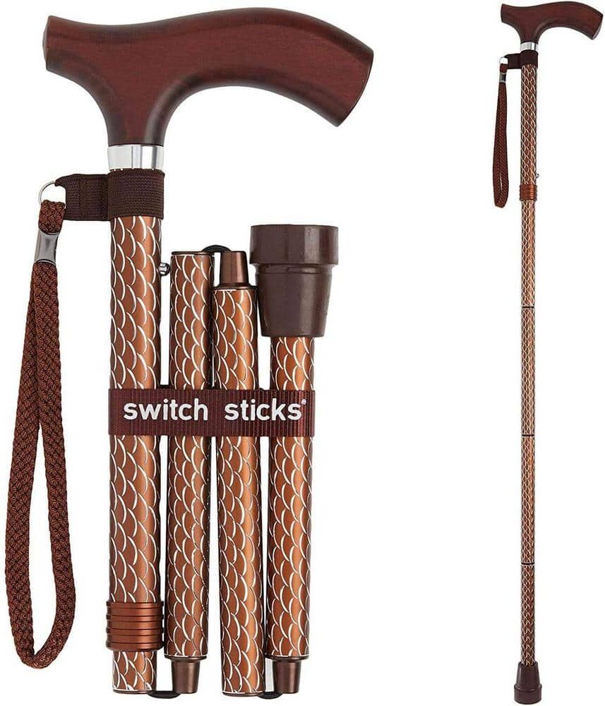 switch sticks Luxury Folding Walking Stick, 32 in. to 37 in., with Water Resistant Bag, Wrist Strap and Hook and Loop Band, in Cognac