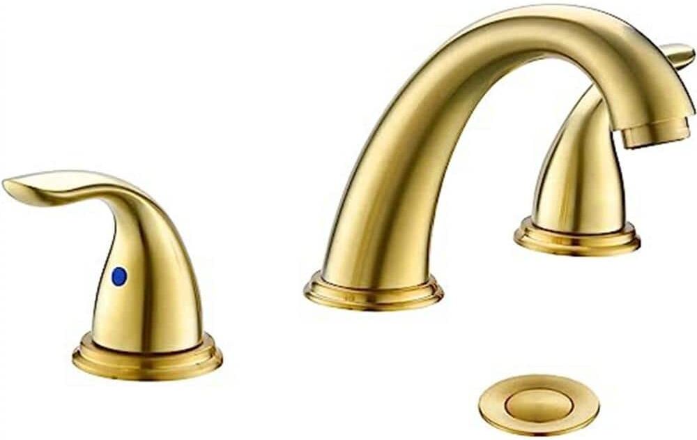 Dyiom Brushed Gold Widespread 2-Handle 3-Hole Bathroom Faucet with Metal Pop-Up Drain Assembly by Phiestina-Bath Accessory Set