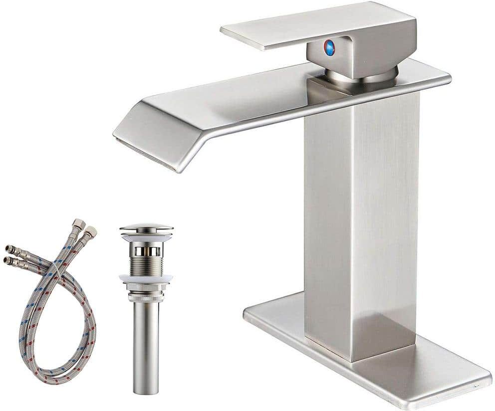 Fapully Single-Handle 1 Hole Bathroom Faucet Waterfall Farmhouse Bath Faucet Vanity Basin Deck Mount in Brushed Nickel