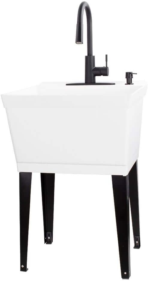 TEHILA Complete 22.875 in. x 23.5 in. White 19 Gal. Utility Sink Set with Black Metal Hybrid Faucet and Soap Dispenser