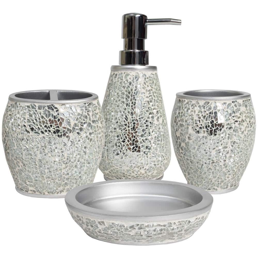 Sweet Home Collection Glamour 4-Piece Bathroom Accessory Set with Soap Pump, Tumbler, Toothbrush Holder and Soap Dish