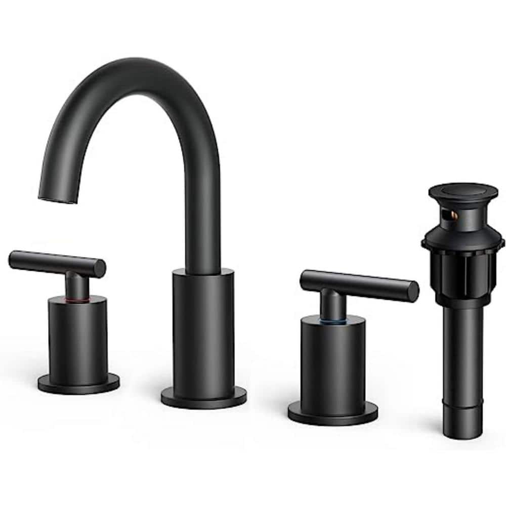 Dyiom 8 in.Wide Matte Black Bathroom Faucet 3-Hole with Metal Pop-Up Drain Assembly,Bath Accessory Set,Number of Pieces 4