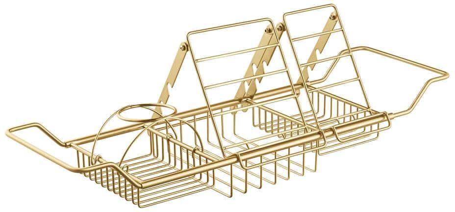 WOODBRIDGE Expandable 34 in. Stainless Steel Bathtub Caddy Tray in Brushed Gold with Holders, Soap Tray, Wine Glass Slot