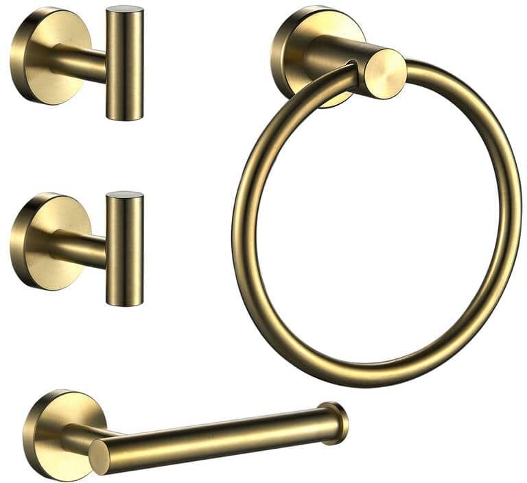 FORIOUS Bathroom Accessory Set With Robe Hooks, Towel Ring, Toilet Paper Holder in Gold 4-Piece