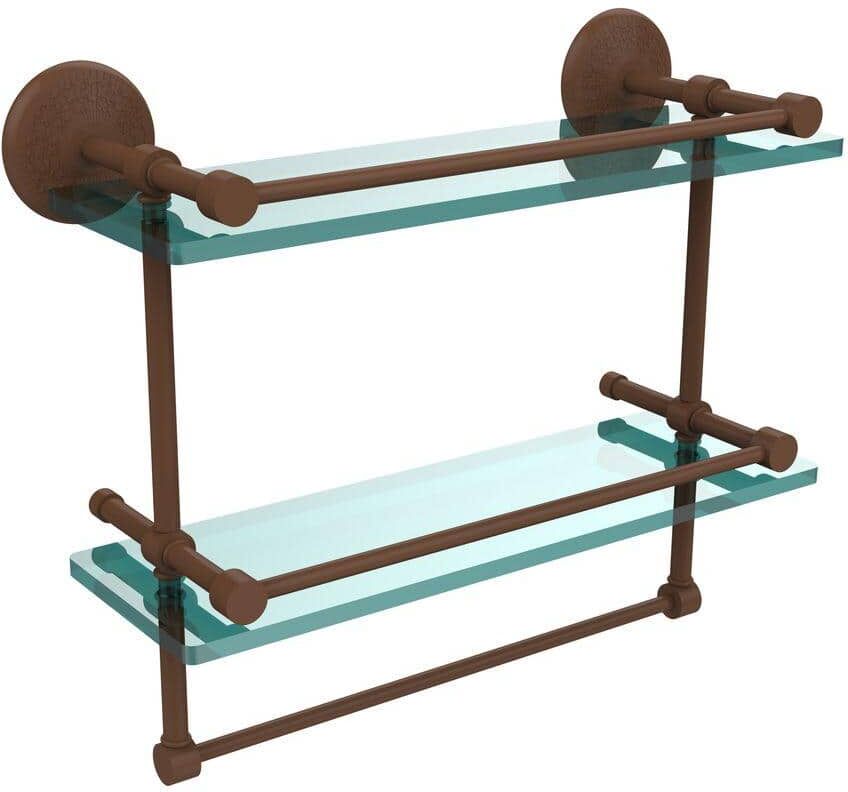 Allied Monte Carlo 16 in. L x 12 in. H x 5 in. W 2-Tier Clear Glass Bathroom Shelf with Towel Bar in Antique Bronze