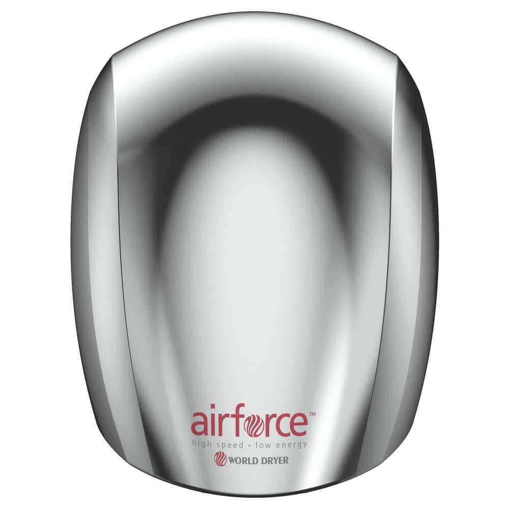 WORLD DRYER Airforce Electric Hand Dryer, High Speed, Antimicrobial Technology, 110-120 volt, Aluminum Polished Chrome