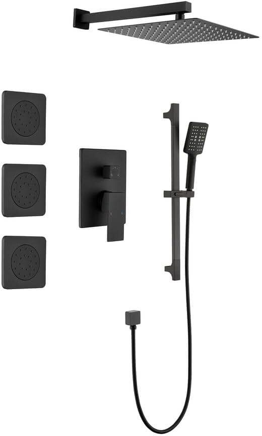 Lukvuzo 3-Spray Settings 12" Square Wall Mounted Head Fixed and Handheld Shower Head Combo Set with Slide Bar in Matte Black