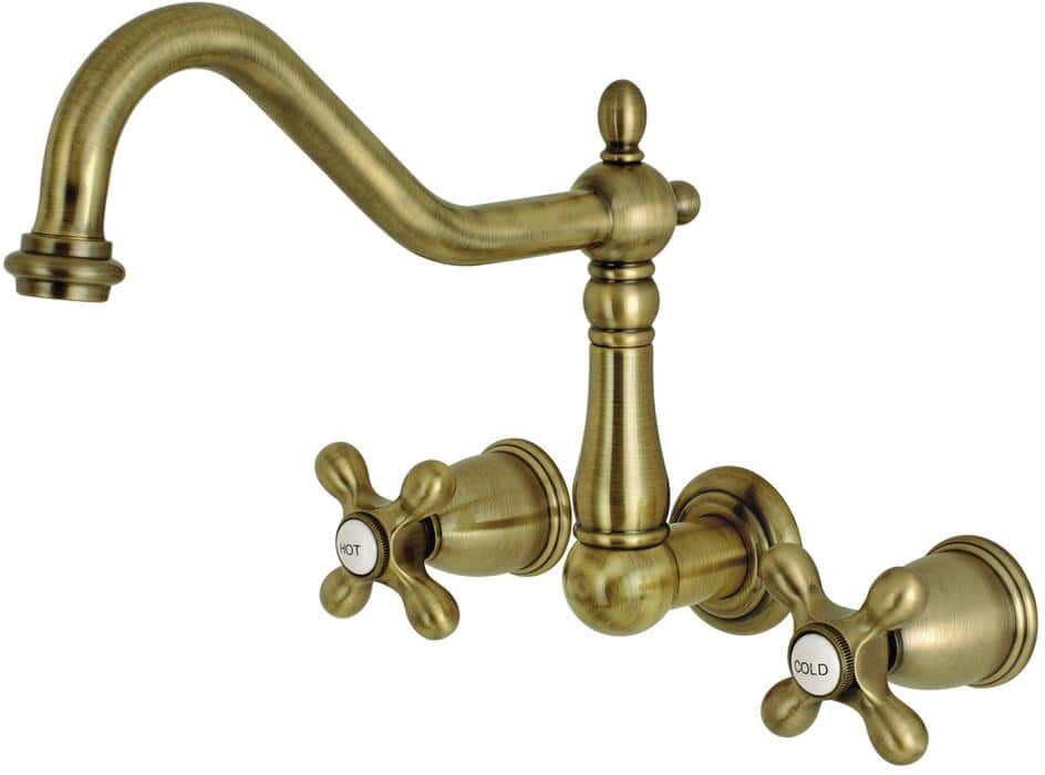 Kingston Heritage 2-Handle Wall Mount Roman Tub Faucet in Antique Brass