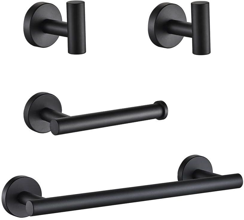 FORIOUS Bathroom Accessories Set Wall Mounted 4Piece Towel Bar, Toilet Paper Holders and 2 Robe Hooks Matte Black