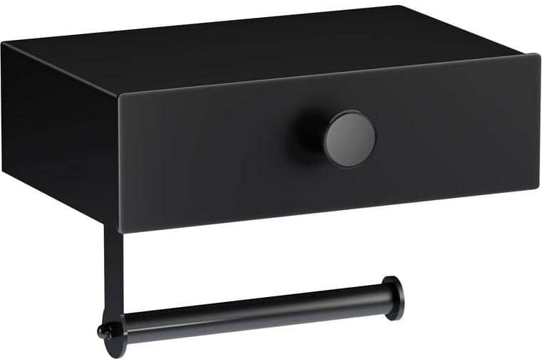 Flynama Wall Mount Toilet Paper Holder with Storage Drawer in Matte Black