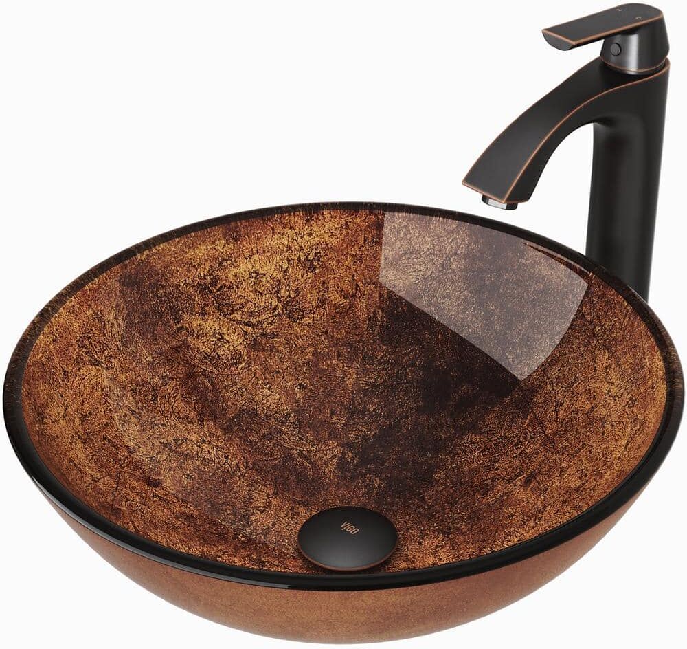 VIGO Glass Round Vessel Bathroom Sink in Russet Brown with Linus Faucet and Pop-Up Drain in Antique Rubbed Bronze