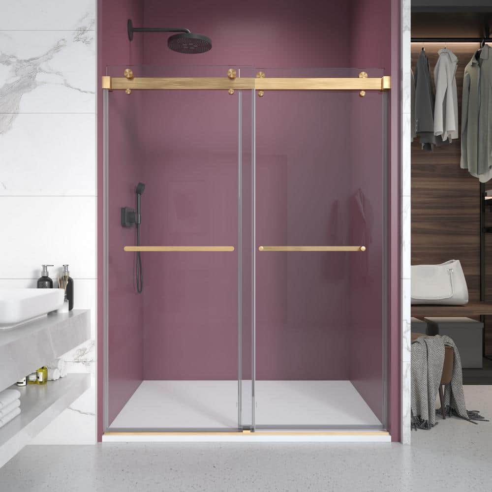 ANGELES HOME 44-48 in. W x 76 in. H Frameless Double Sliding Soft Close Shower Door in Brushed Gold with 3/8 in.(10 mm)Clear Glass