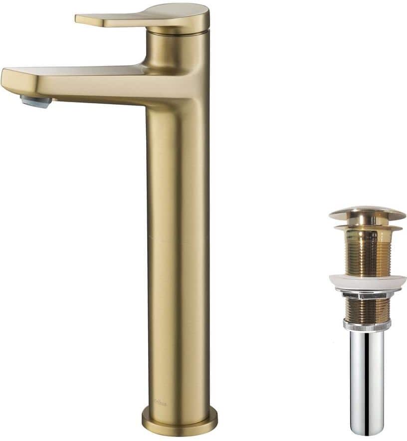 KRAUS Indy Single Handle Vessel Bathroom Faucet and Pop Up Drain in Brushed Gold