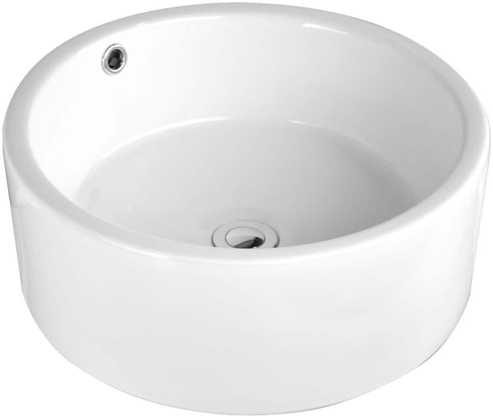 Eisen Home Sutherland Ceramic Round Vessel Bathroom Sink with Overflow and Pop Up Drain in White