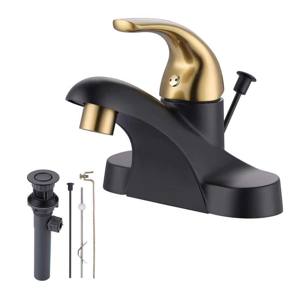 ARCORA 4 in. Center Set Single Handle Low Arc Bathroom Faucet with Drain Kit Included in Black and Gold