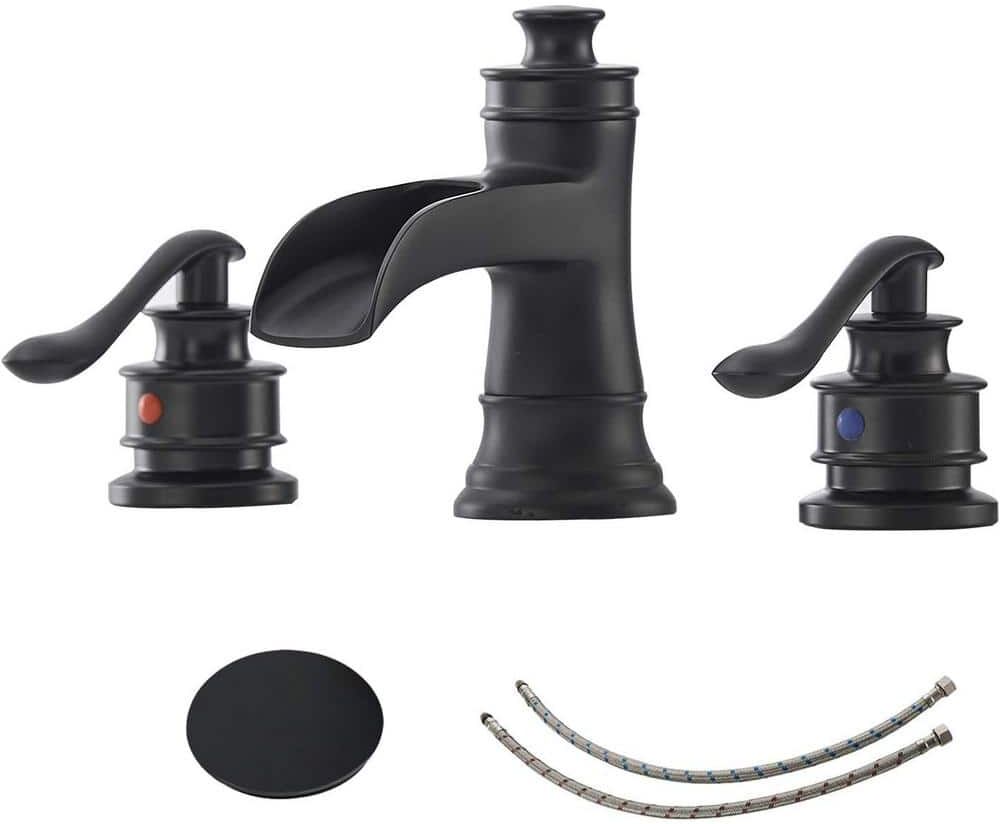 Dyiom Bath Accessory Set Black Widespread Bathroom Faucet Waterfall 3 Hole with Pop Up Drain with Overflow Assembly Word