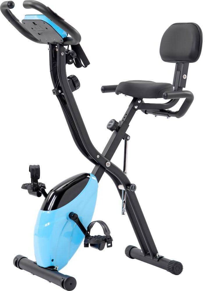 Amucolo Light Blue Folding Exercise Bike, Fitness Upright and Recumbent X-Bike with 10-Level Adjustable Resistance