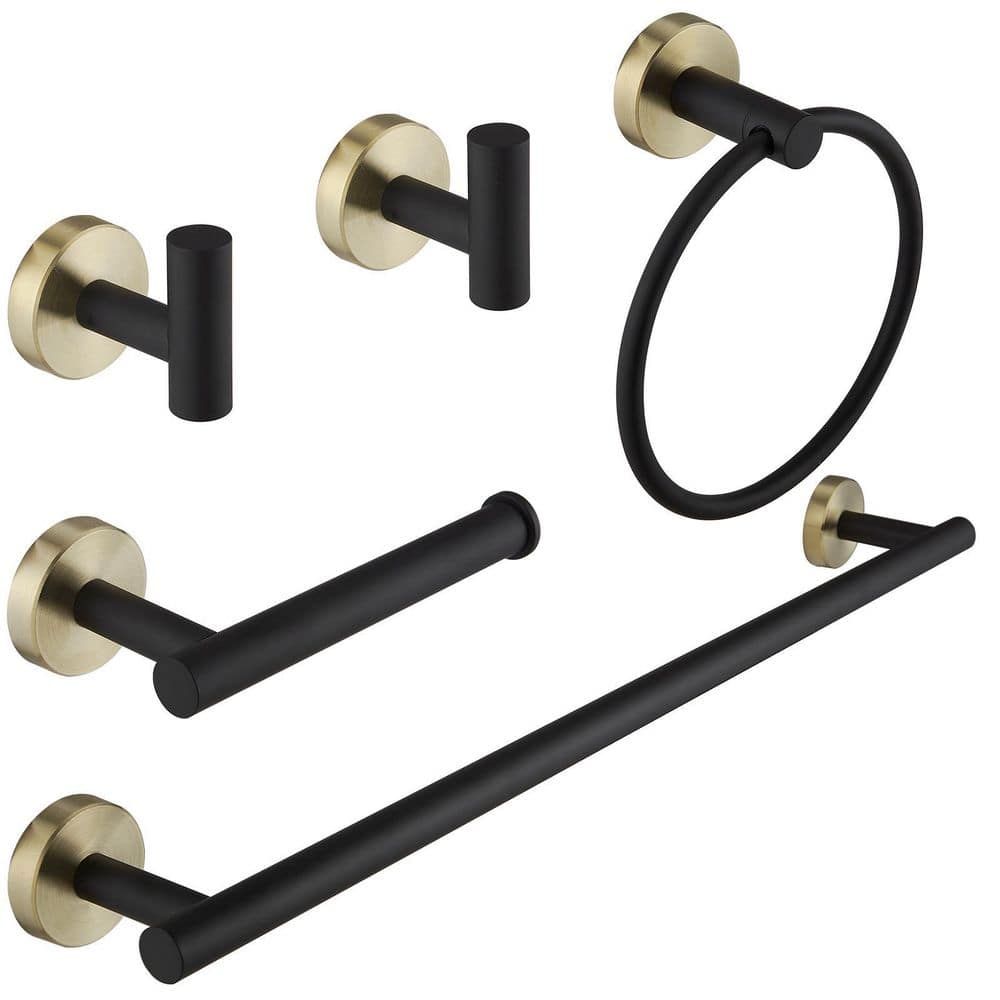 BWE 5-Piece Bath Hardware with Towel Bar Towel Hook Toilet Paper Holder and Towel Ring Set in Black Gold