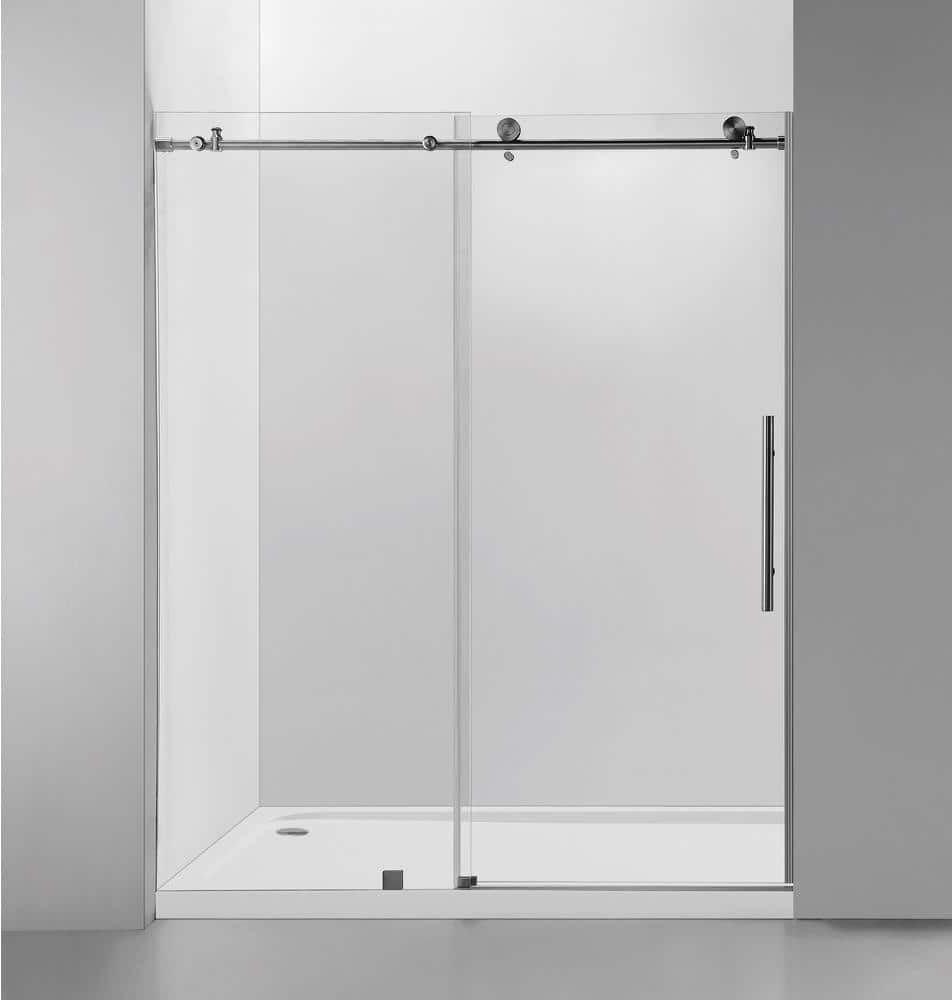 Vanity Art 60 in. W x 76 in. H Frameless Soft Close Sliding Shower Door in Brushed Nickel with with Explosion Proof Clear Glass