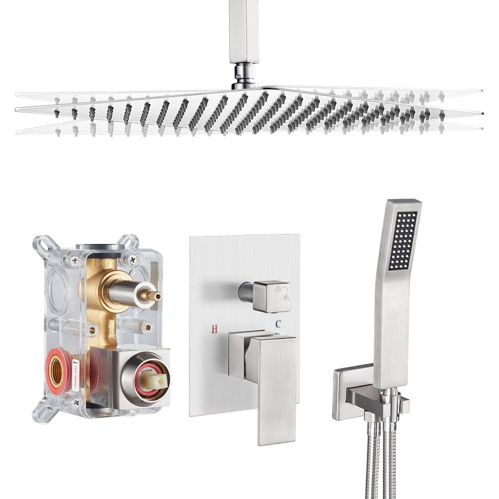 Zalerock Rainfall 1-Spray Square Ceiling Mount Shower System Shower Head with Handheld in Brushed Nickel (Valve Included)
