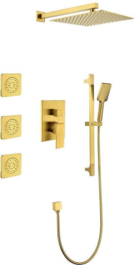 Full Body Waterfall Shower System 2-Spray Wall Bar Shower Kit with Hand Shower in Brushed Gold 3 Body Shower Head