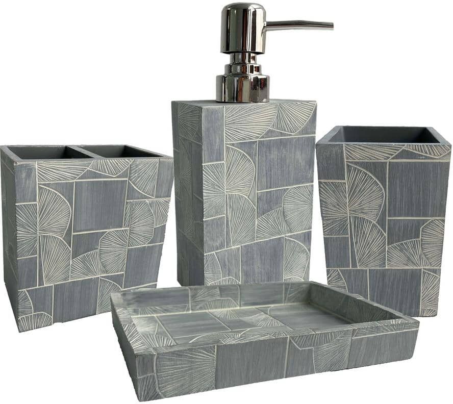 Sweet Home Collection Casanova (4-Piece) Bathroom Accessory Set with Soap Pump, Tumbler, Toothbrush Holder and Soap Dish - Grey