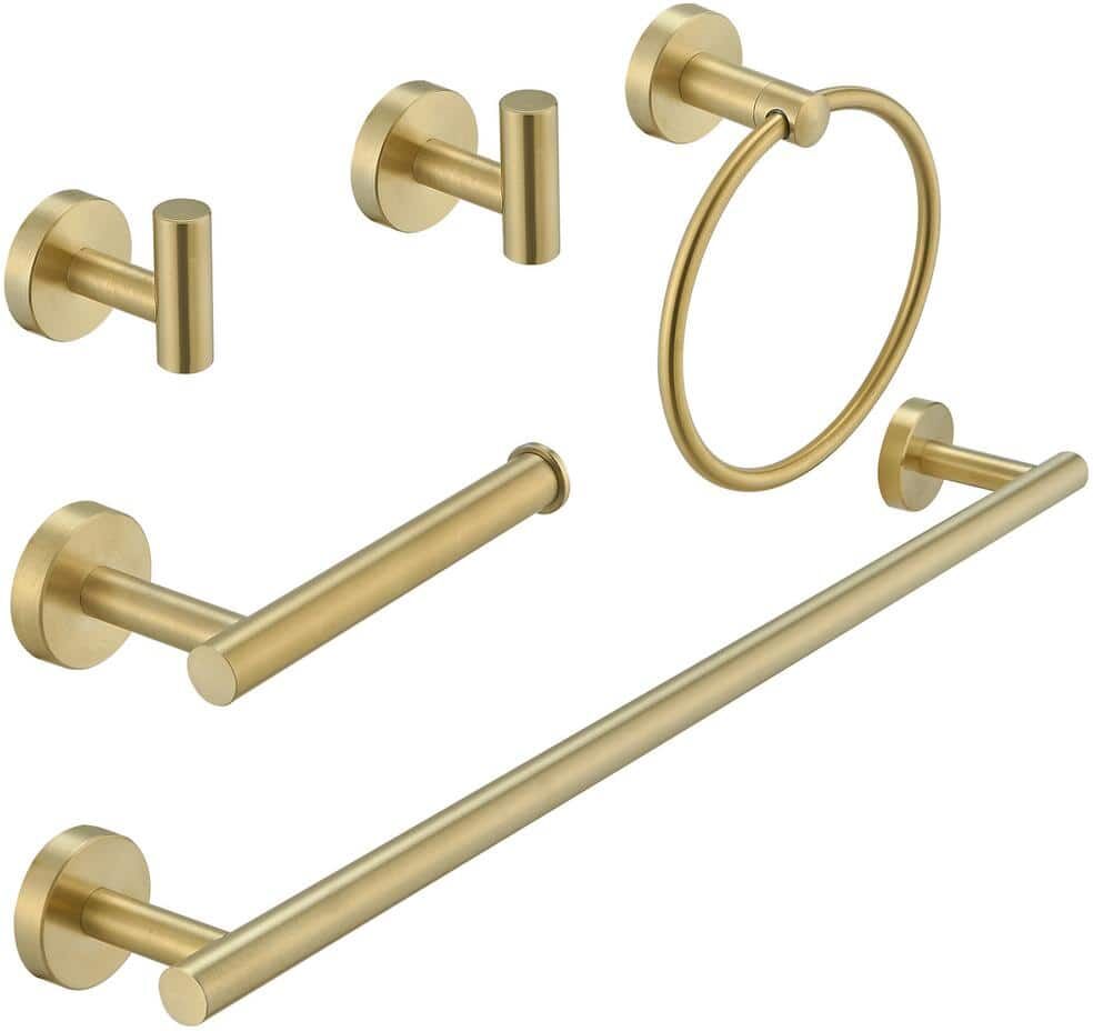 BWE 5-Piece Bath Hardware with Towel Bar Towel Hook Toilet Paper Holder and Towel Ring Set in Brushed Gold