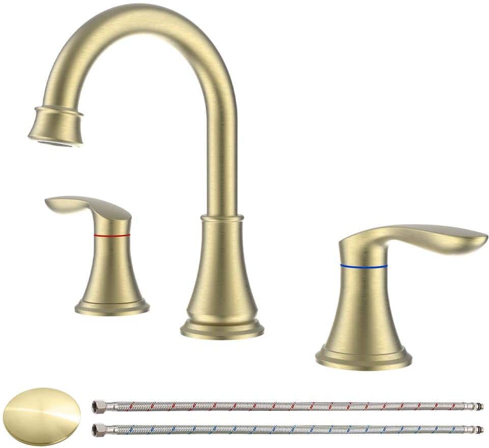 Nestfair 8 in. Widespread Double Handle Bathroom Faucet Combo Kit with Pop Up Drain and Water Supply Hoses in Brushed Gold