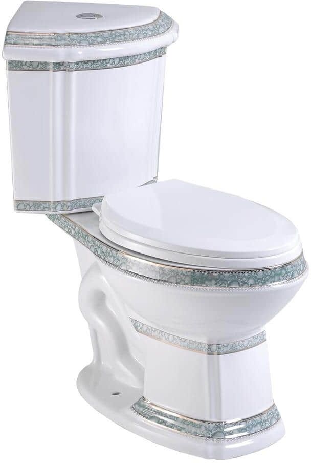 RENOVATORS SUPPLY MANUFACTURING Corner Elongated 2-Piece Dual Flush Bathroom Toilet India Reserve Design Green Gold Painted Manufacturing