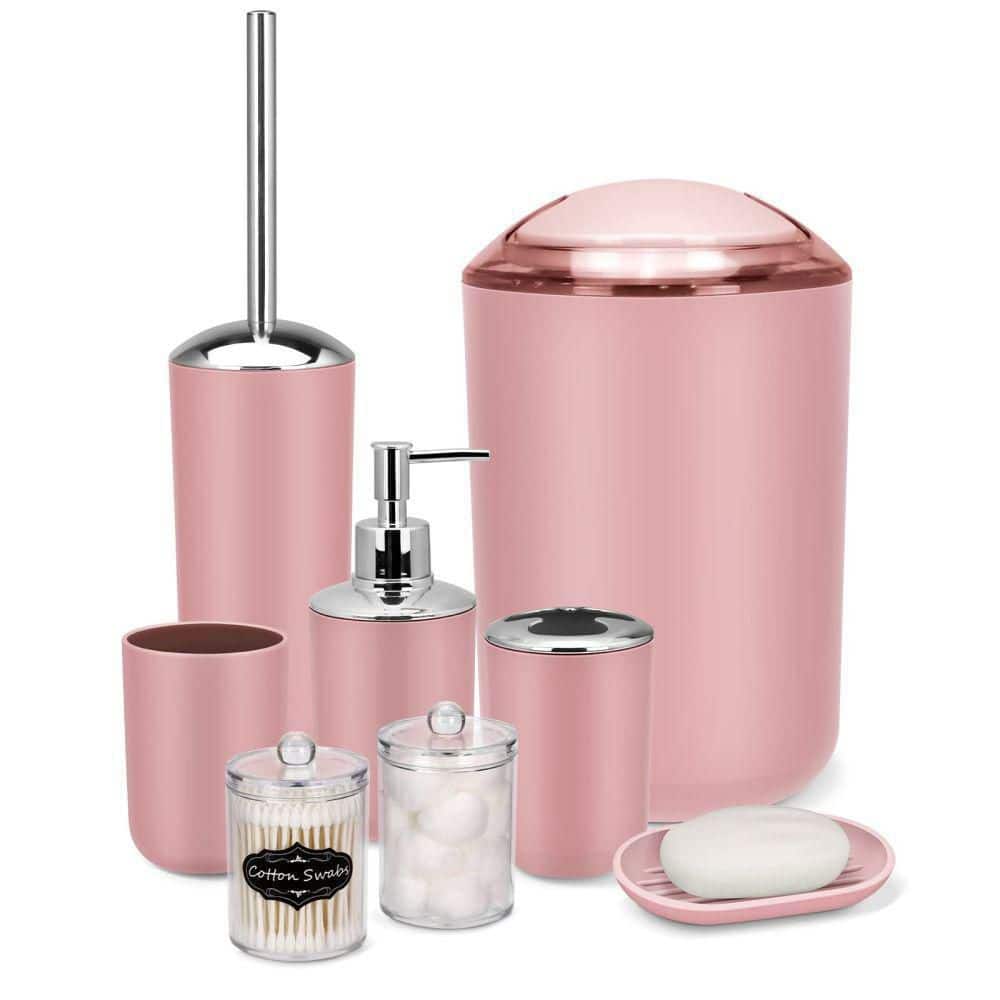 Dracelo 8-Piece Bathroom Accessory Set with Trash Can,Soap Dish,Toothbrush Holder,Cup,Toilet Brush Holder in Pink with Labels