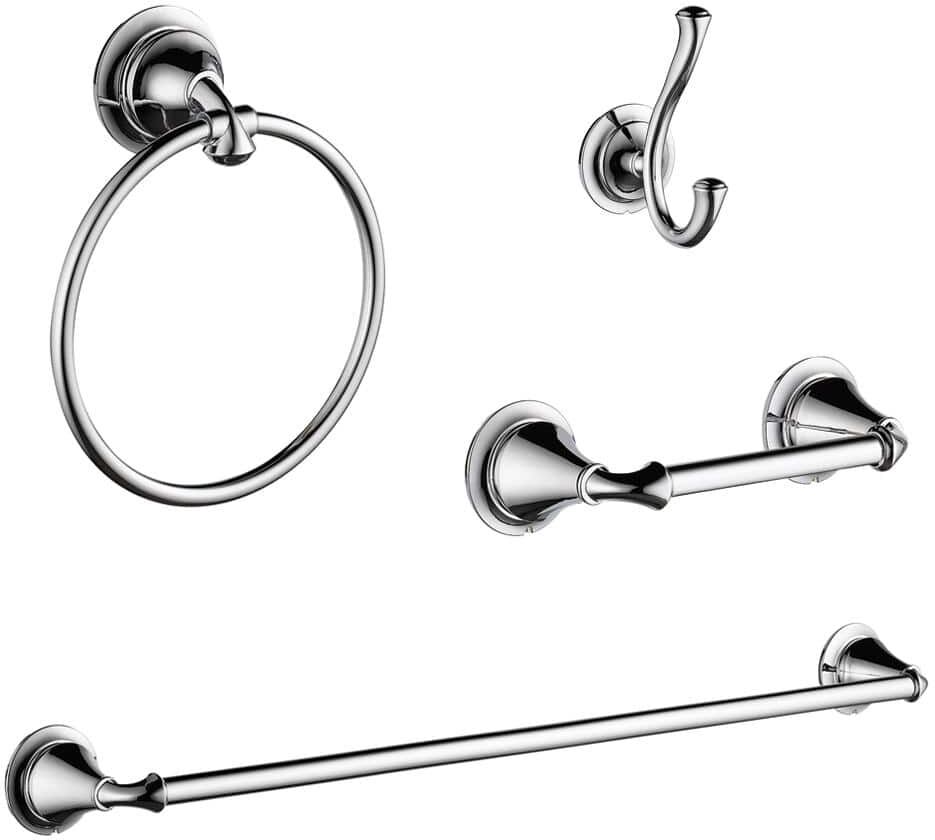 Delta Linden 4-Piece Bath Accessory Set with Towel Bar, Robe Hook, Towel Ring and Toilet Paper Holder in Chrome