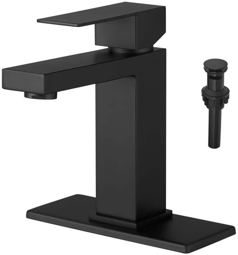 Boyel Living Single Handle Single Hole Bathroom Faucet with Deck Plate Included, Pop Up Drain and Water Supply Hoses in Matte Black