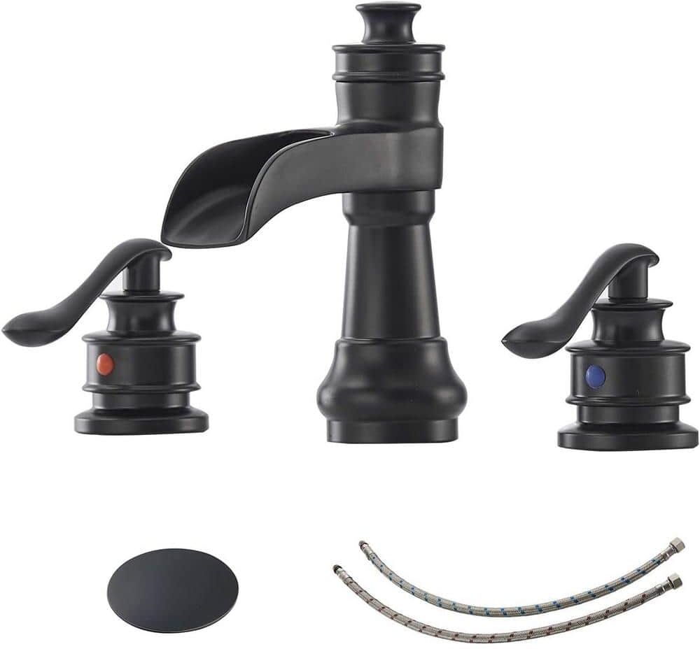 Dyiom Matte Black Bathroom Faucet with Drain Assembly and Supply Hose Lavatory Sink Waterfall 8 in. Widespread