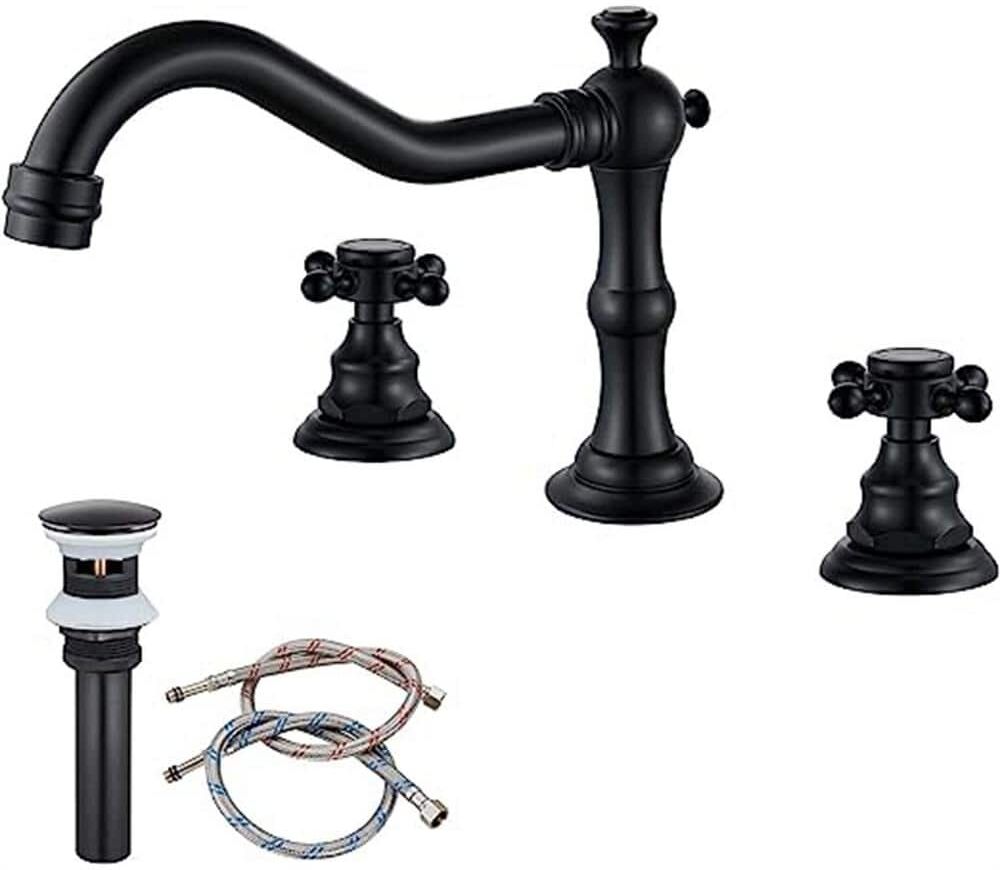 Dyiom Countertop Mount  3-Hole Double Handle Bathroom Sink Faucet, Matching Pop Up Drain Tub Accessory Set - Black