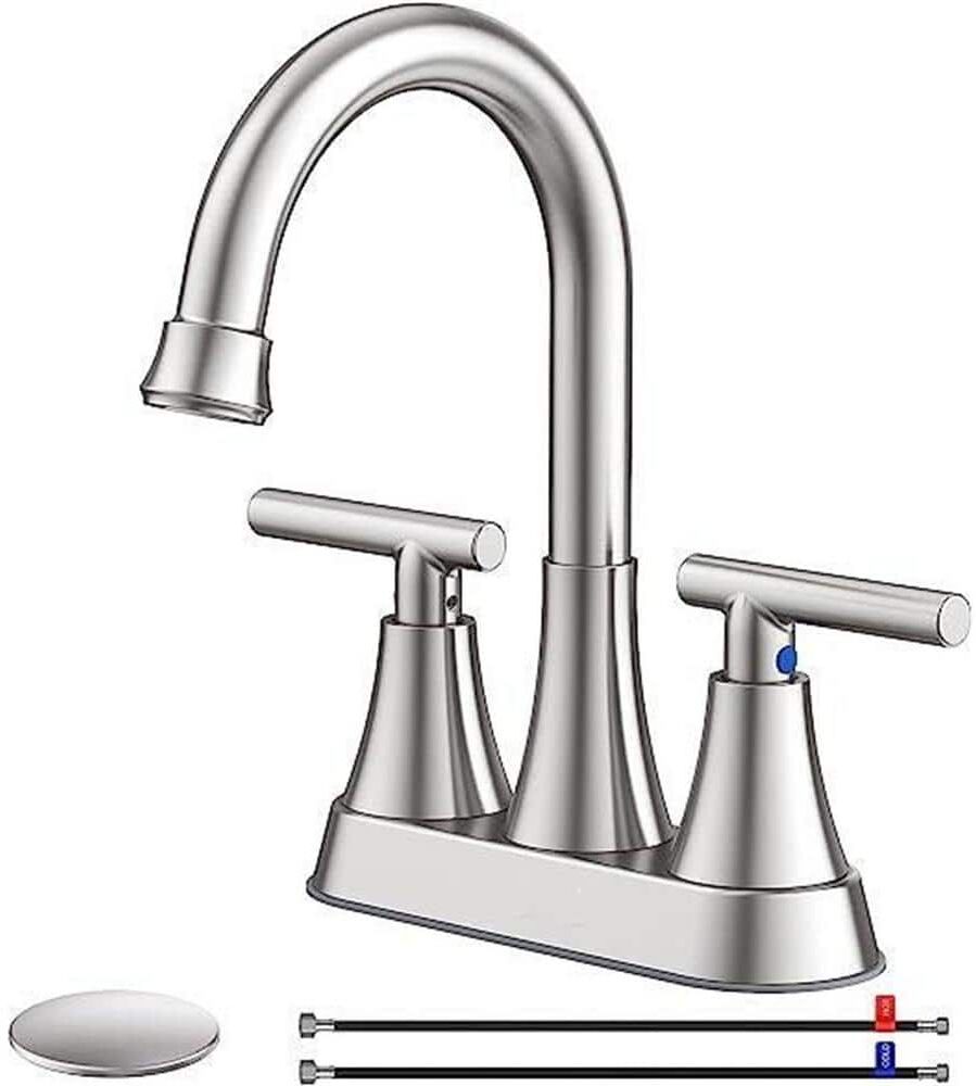 Dyiom 8.5 in. 3-Hole 4 in. Bathroom Sink Faucet with Pop-Up Waste Spout, Silver- Bathroom Accessory Sets, Number of Pieces-3