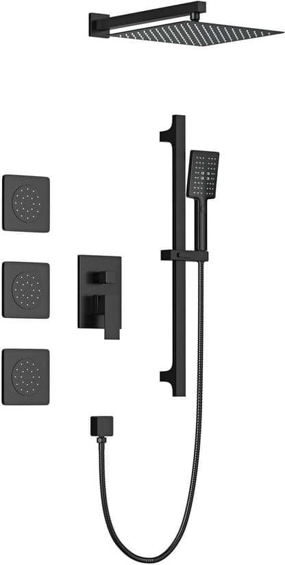 Lukvuzo 3-Spray 12 in. Square Wall Mounted Head Fixed and Handheld Shower Head Combo Set with Slide Bar in Matte Black