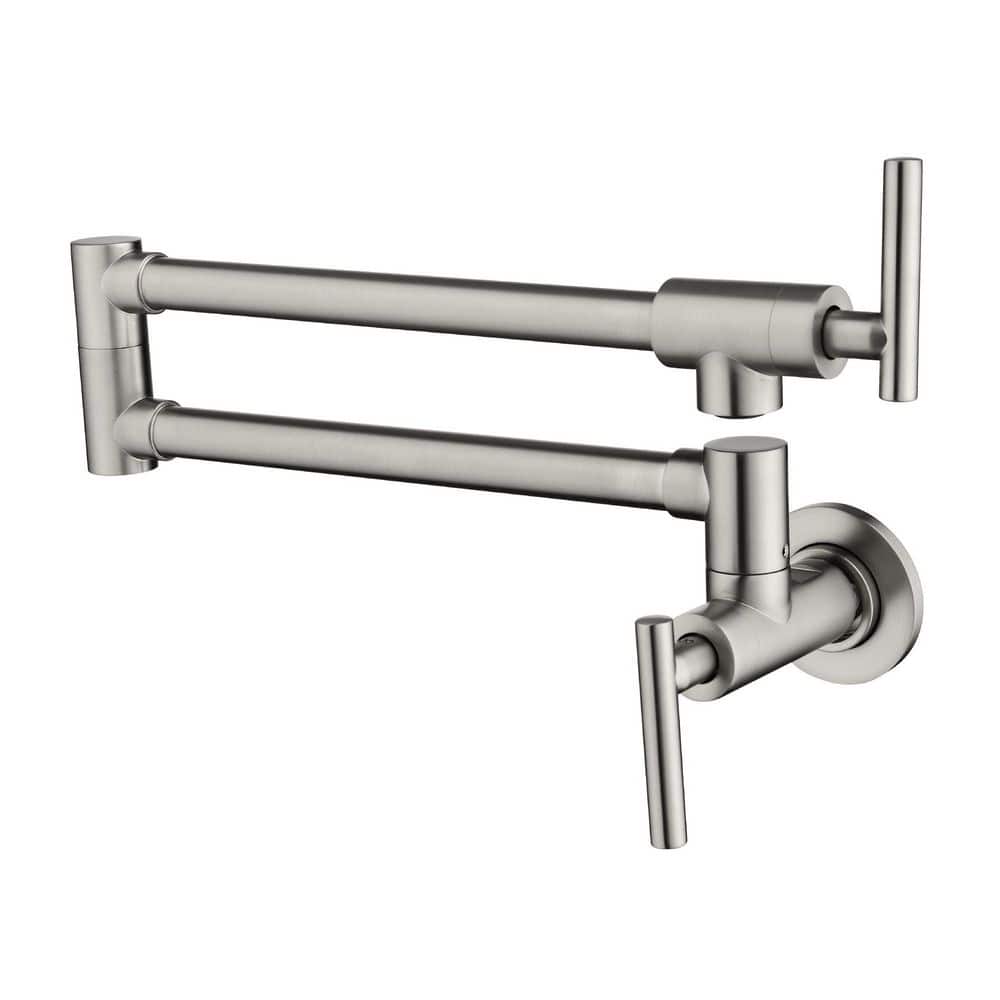 Boyel Living Wall Mounted Double Handle 1.8 GPM Pot Filler with 2 Built- in Ceramic Cartridge and Mounting Hardware in Brushed Nickel