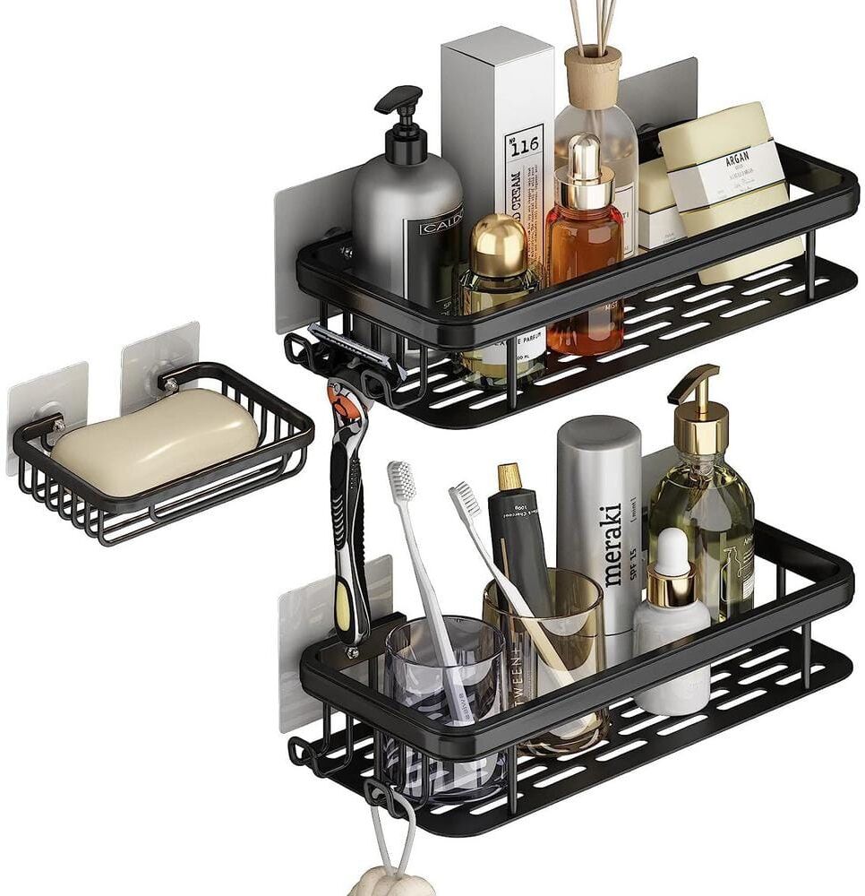 Aoibox 5.2 in. W x 2 in. H x 11.8 in. D Aluminum Rectangular Shower Shelf in Black with A Soap Holder Shelf and Hooks