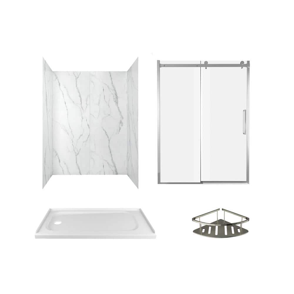 American Standard Passage 60 in. x 72 in. Left Drain 4-Piece Glue-Up Alcove Shower Wall, Shelf, Door and Base Kit in Serene Marble