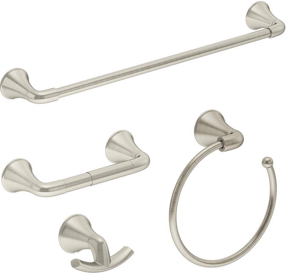 Symmons Elm 4-Piece Bath Hardware Set with Toilet Paper Holder, Towel Bar/Rack, Towel/Robe Hook, Hand Towel Holder in Nickel