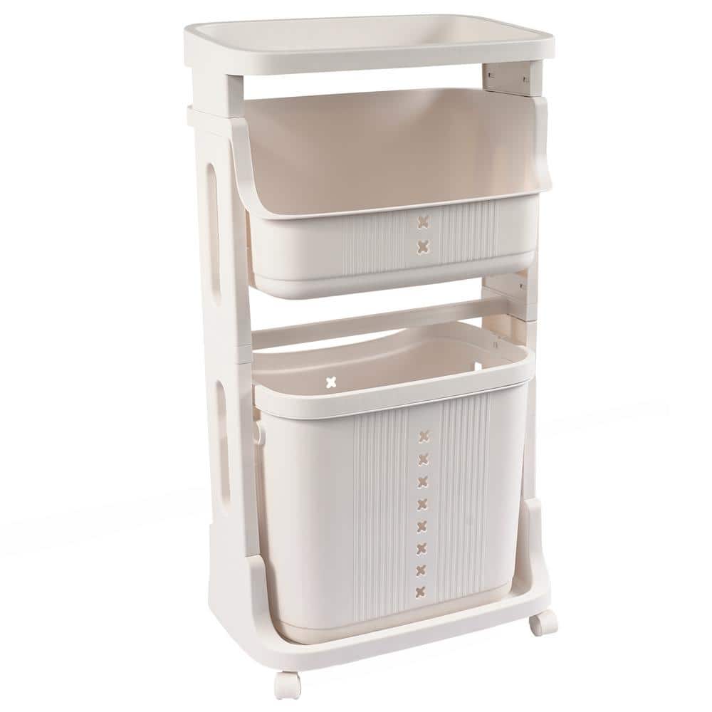 cadeninc 2-Tier Plastic Laundry Basket Sorter Hampers with Wheels, for Kitchen Bedroom Bathroom, White