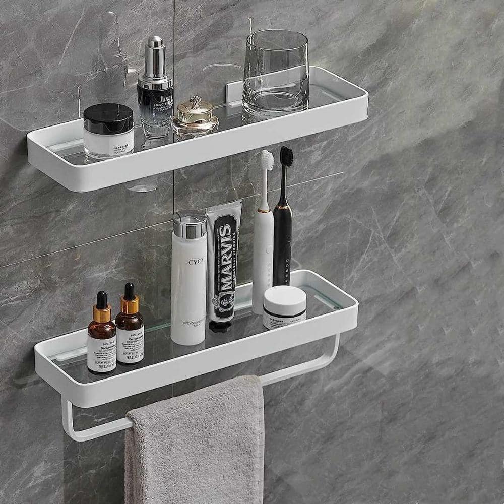 Aoibox 2 Tiers 4.68 in. W x 3.85 in. H x 15.7 in. D Aluminum Glass Rectangular Shower Shelf in White, 1 with a Towel Bar