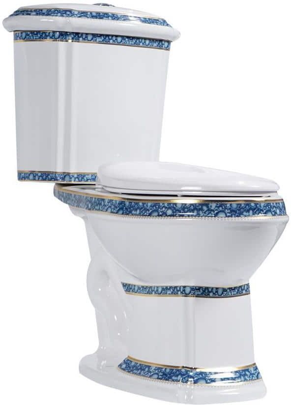 RENOVATORS SUPPLY MANUFACTURING India Reserve Blue Gold Colour Porcelain 0.8/1.6 GPF Dual Flush Elongated 1-Piece Toilet