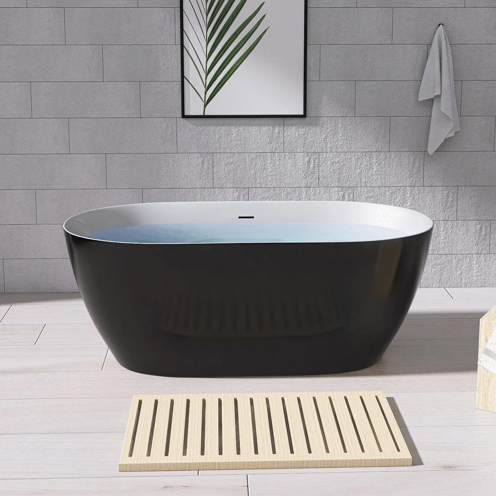 NTQ 59 in. x 30 in. Oval Free Standing Tub Freestanding Soaking Bathtub Central Drain Alone Soaker Tub Glossy Black