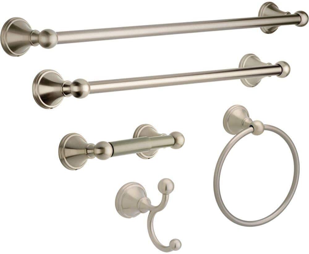 Delta Crestfield 5-Piece Bath Hardware Set 18, 24 in. Towel Bars, Toilet Paper Holder, Towel Ring, Towel Hook, Brushed Nickel