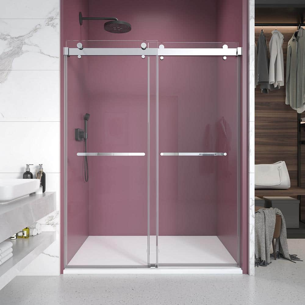 66 in. W x 76 in. H Double Sliding Frameless Shower Door in Chrome with Clear Glass