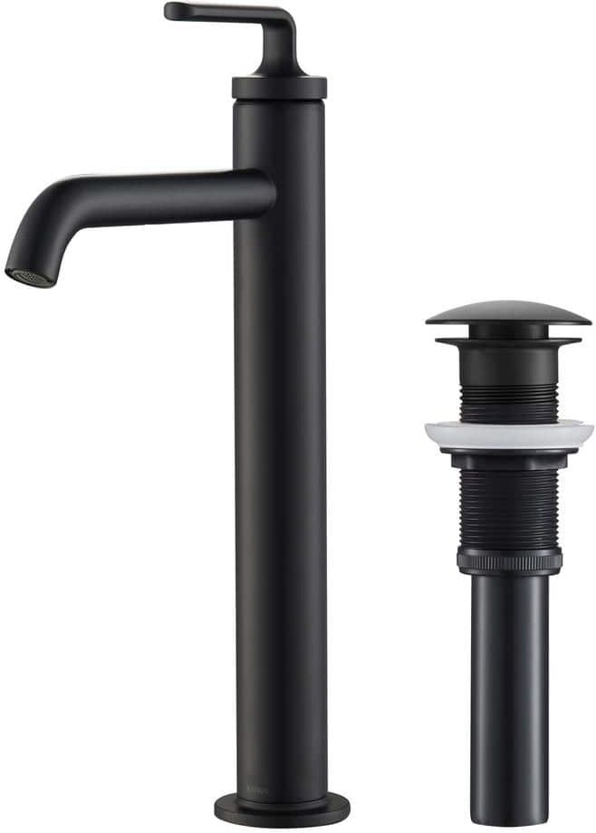 KRAUS Ramus Single Hole Single-Handle Vessel Bathroom Faucet with Matching Pop-Up Drain in Matte Black