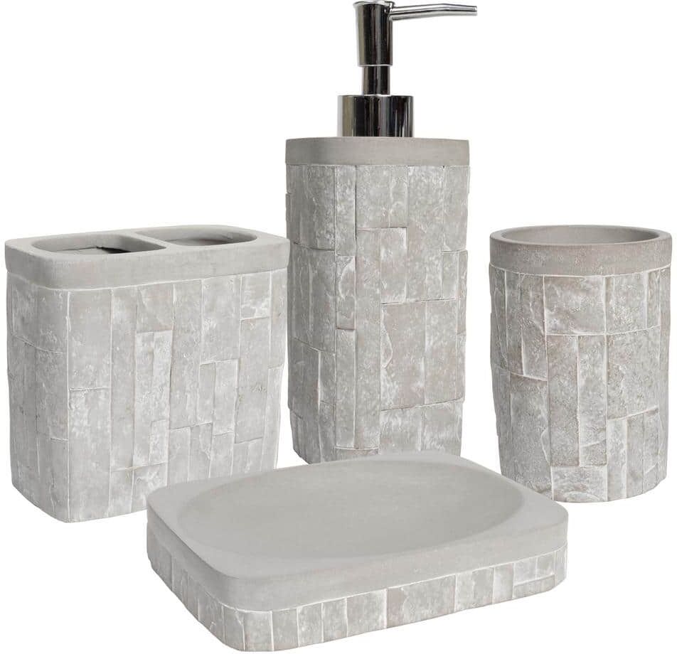 Sweet Home Collection Avalon (4-Piece) Bathroom Accessory Set with Soap Pump, Tumbler, Toothbrush Holder and Soap Dish - Grey